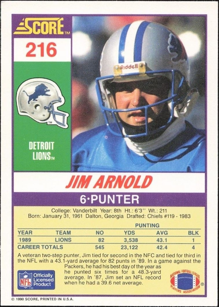 1990 Score Jim Arnold #216 football trading card back