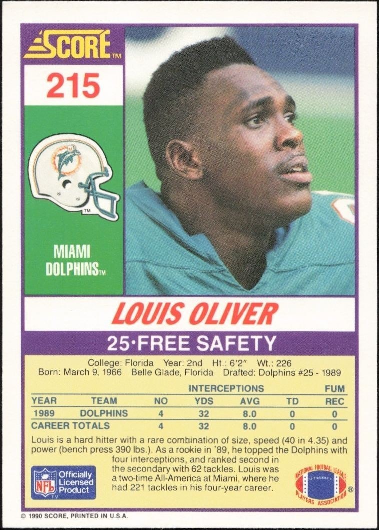 1990 Score Louis Oliver #215 football trading card back