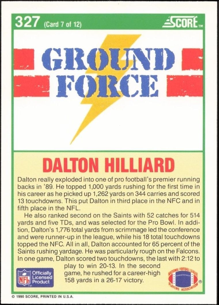 1990 Score Dalton Hilliard #327 football trading card back