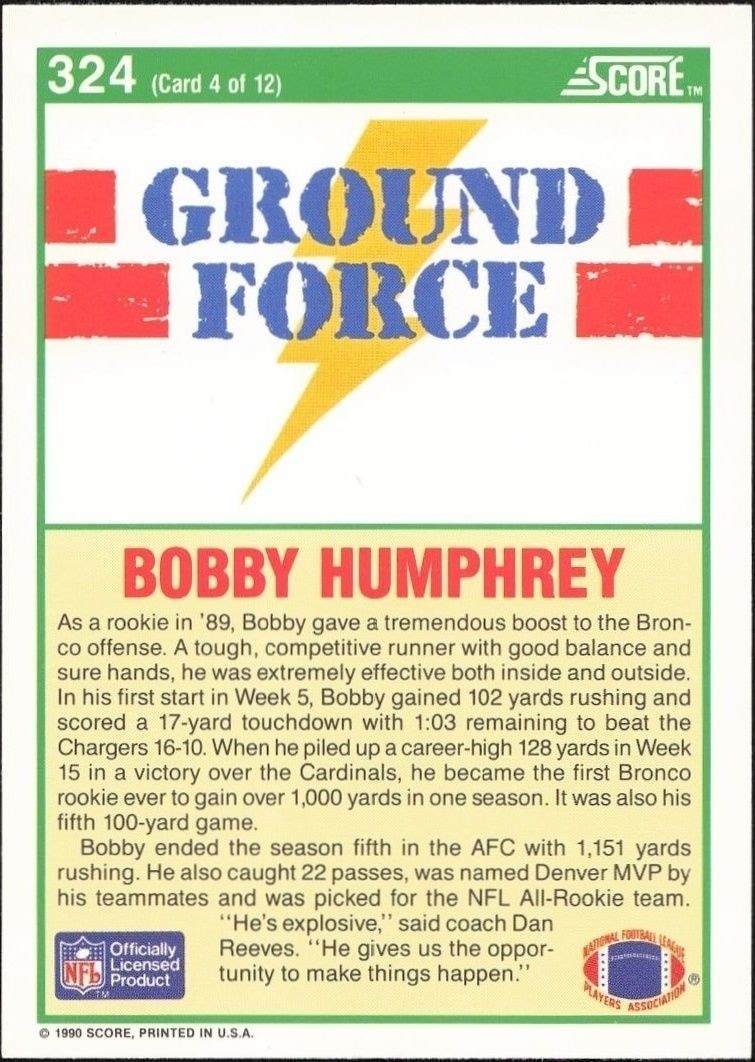 1990 Score Bobby Humphrey #324 football trading card back