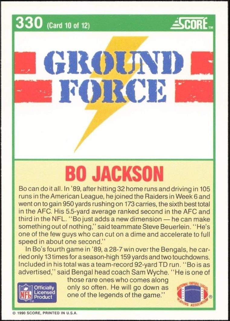 1990 Score Bo Jackson #330 football trading card back