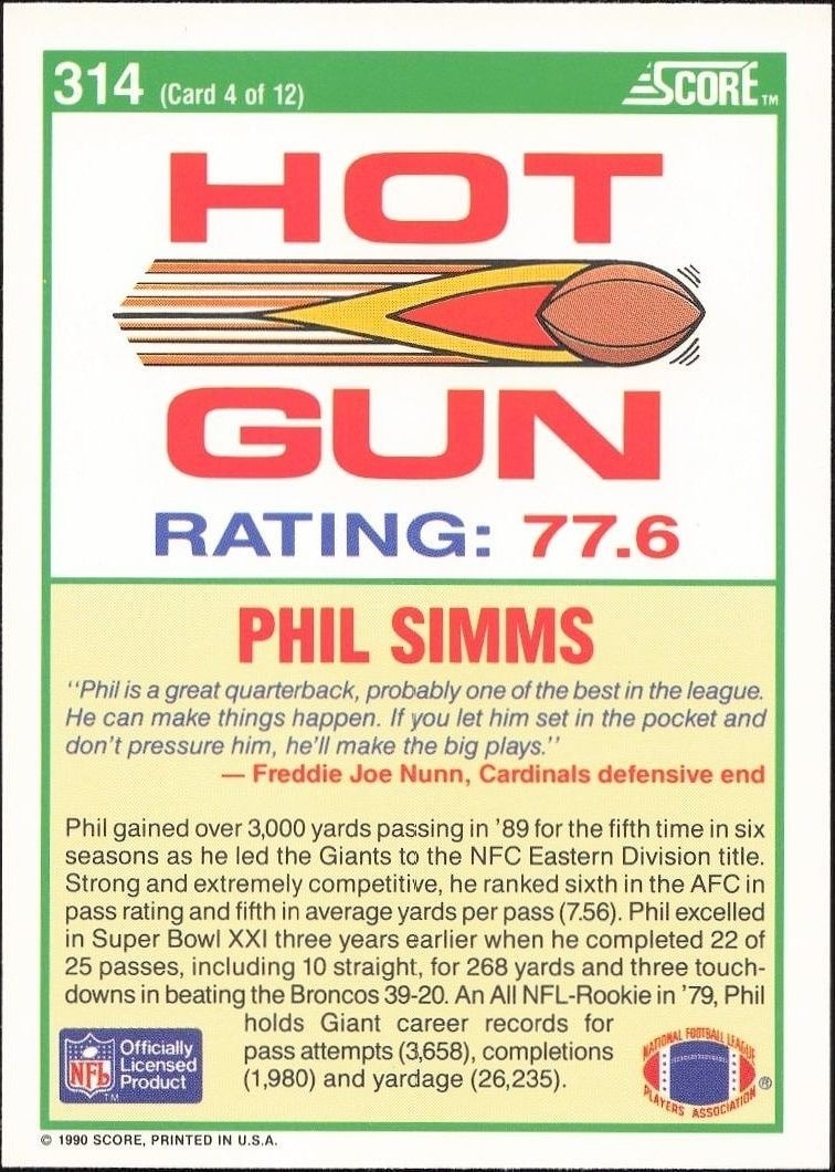 1990 Score Phil Simms #314 football trading card back