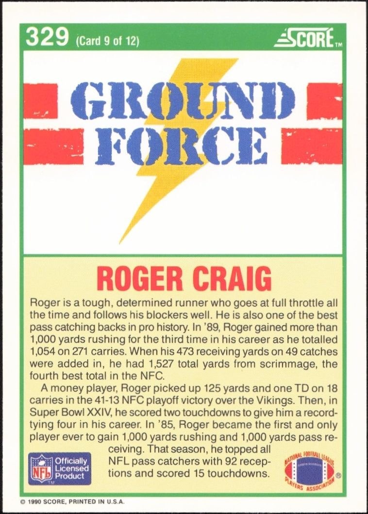 1990 Score Roger Craig #329 football trading card back
