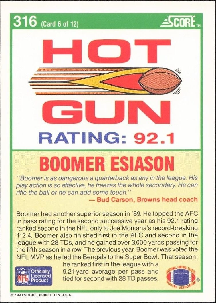 1990 Score Boomer Esiason #316 football trading card back