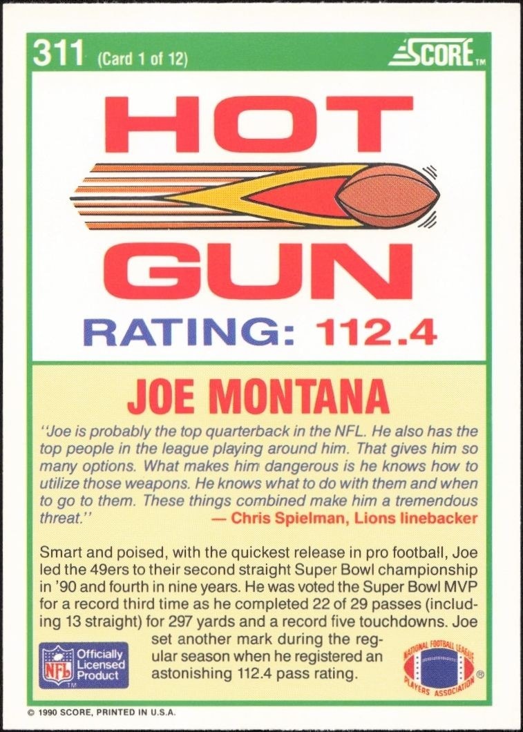 1990 Score Joe Montana #311 football trading card back