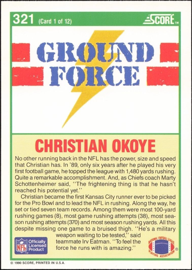 1990 Score Christian Okoye #321 football trading card back