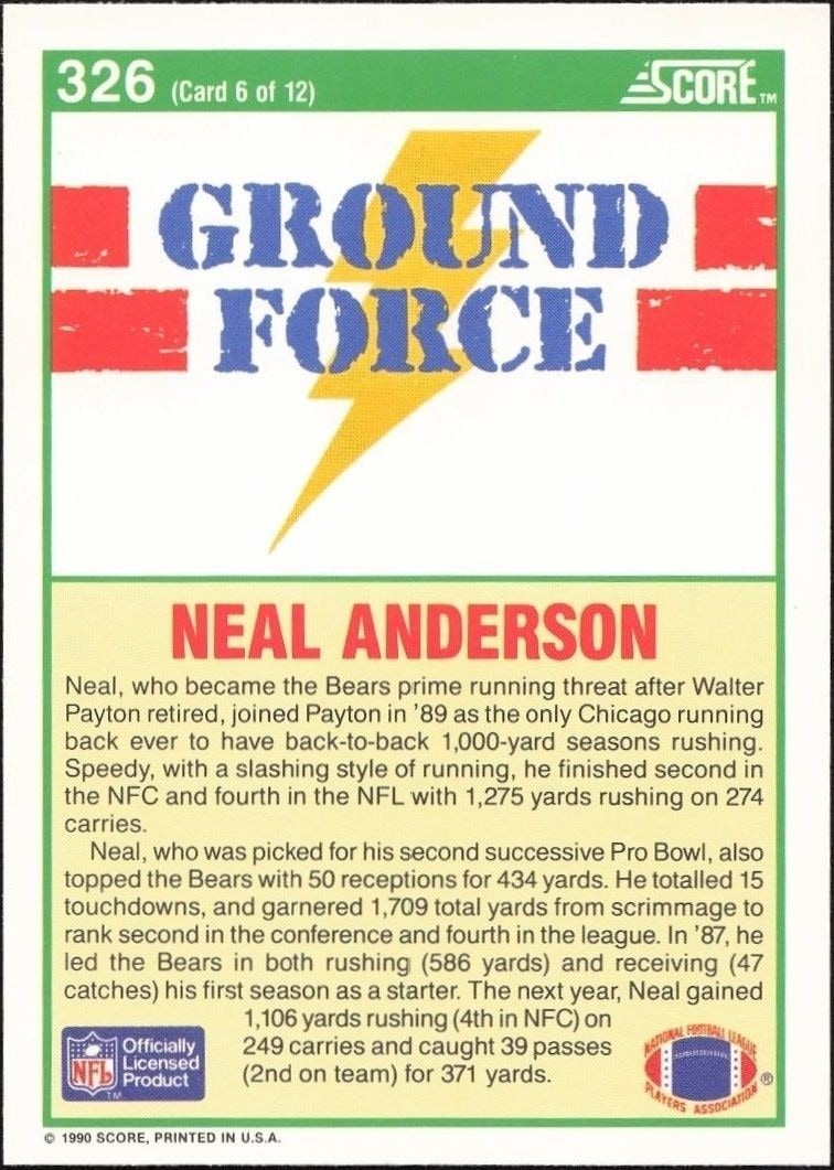 1990 Score Neal Anderson #326 football trading card back