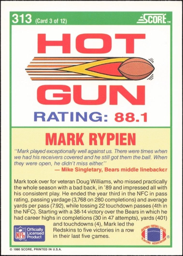 1990 Score Mark Rypien #313 football trading card back