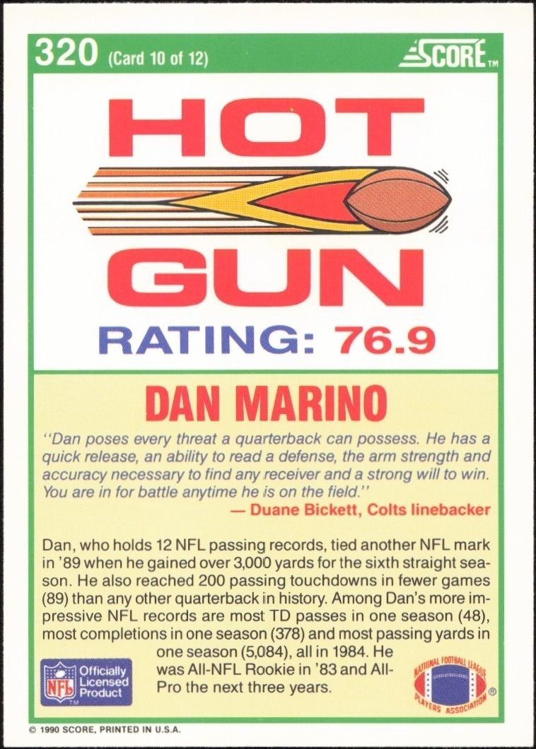 1990 Score Dan Marino #320 football trading card back