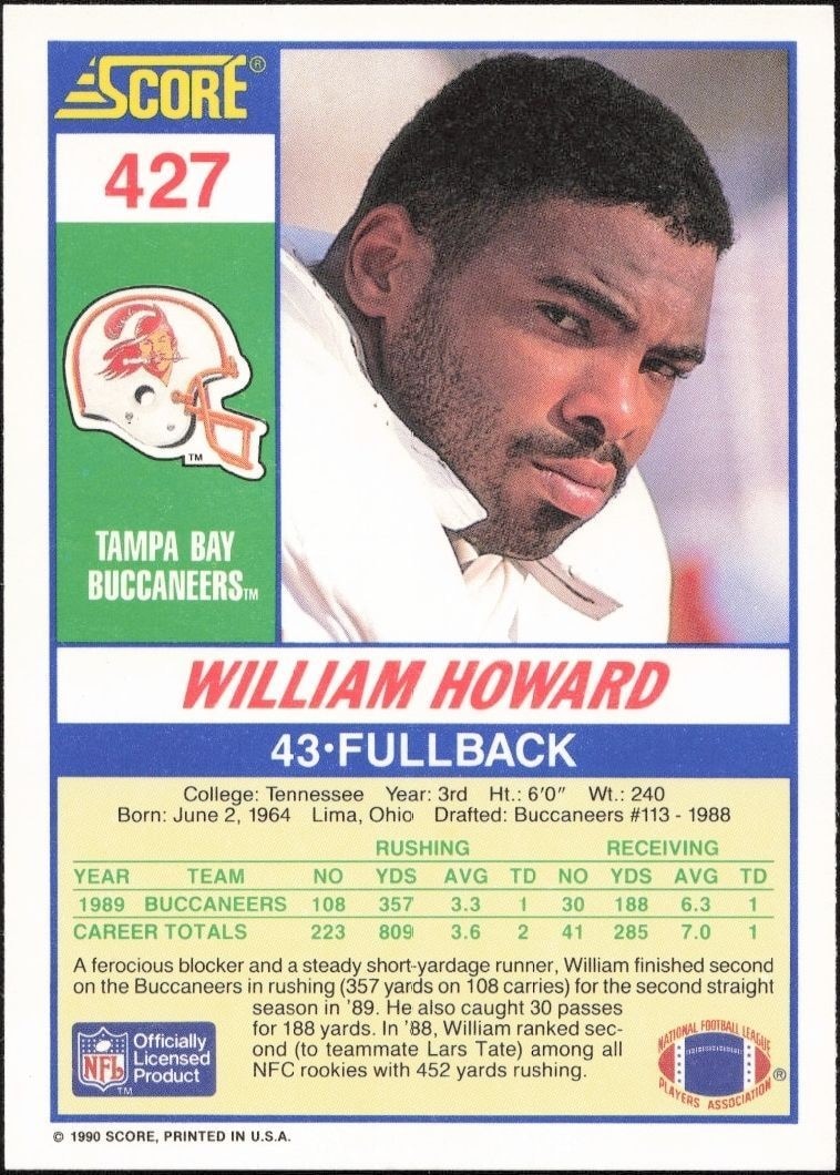1990 Score William Howard #427 football trading card back