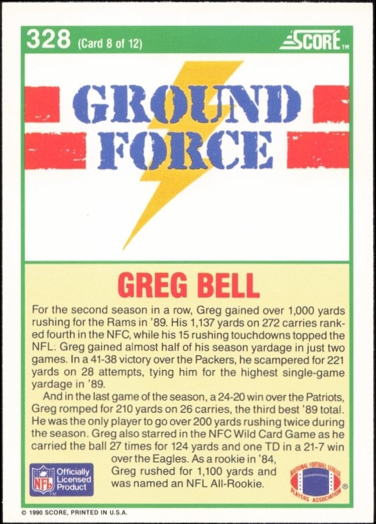 1990 Score Greg Bell #328 football trading card back