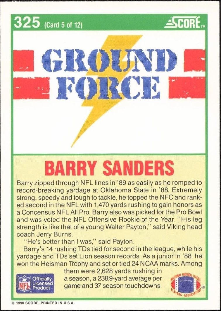 1990 Score Barry Sanders #325 football trading card back
