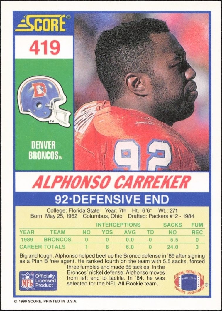 1990 Score Alphonso Carreker #419 football trading card back