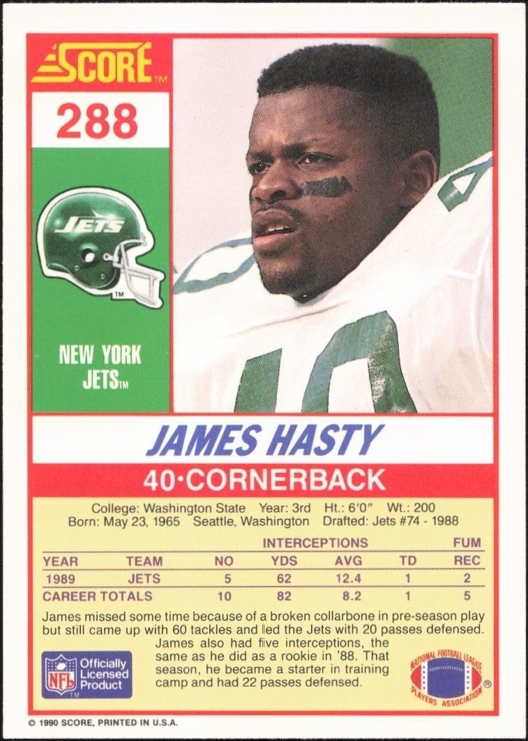 1990 Score James Hasty #288 football trading card back