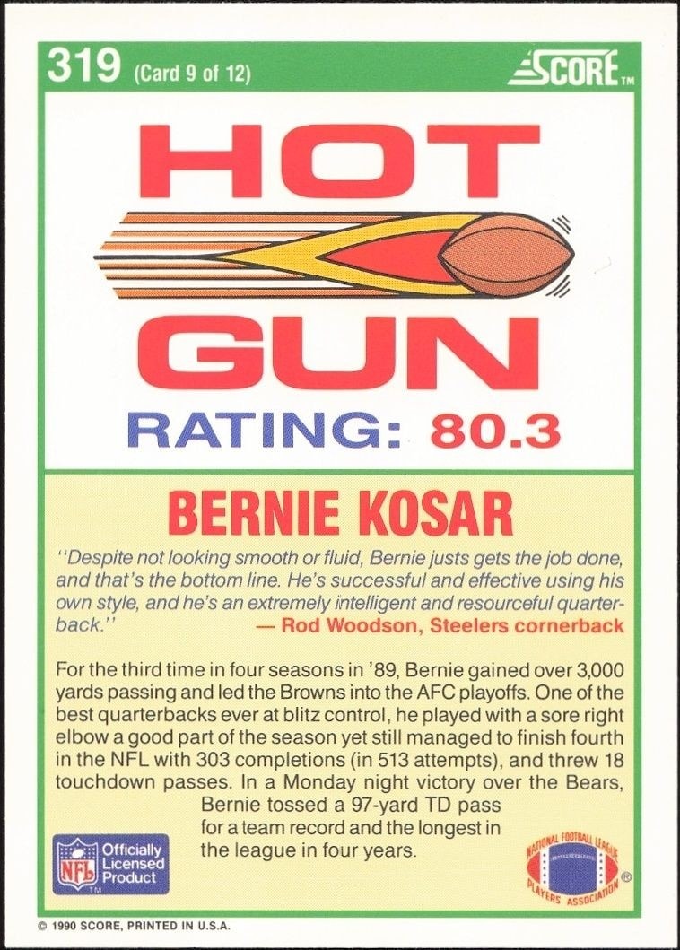 1990 Score Bernie Kosar #319 football trading card back