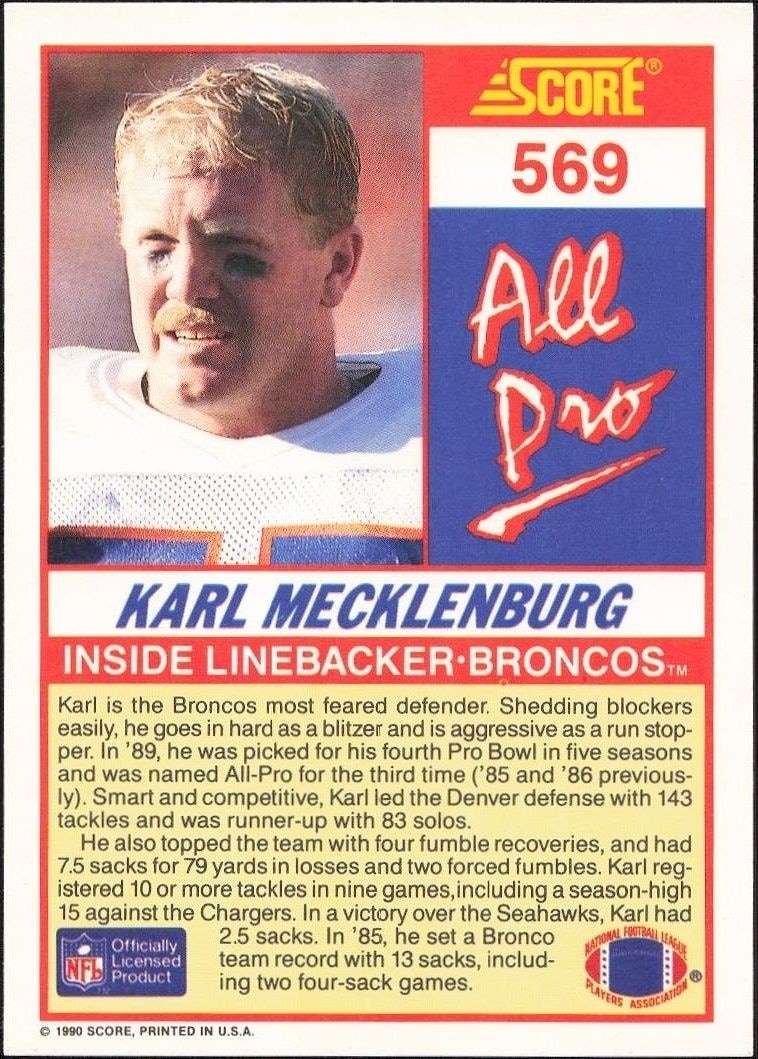 1990 Score Karl Mecklenburg #569 football trading card back