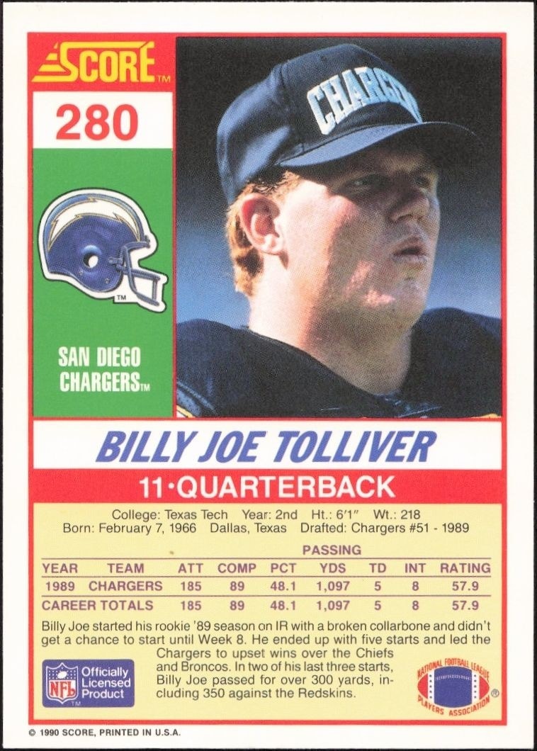 1990 Score Billy Joe Tolliver #280 football trading card back