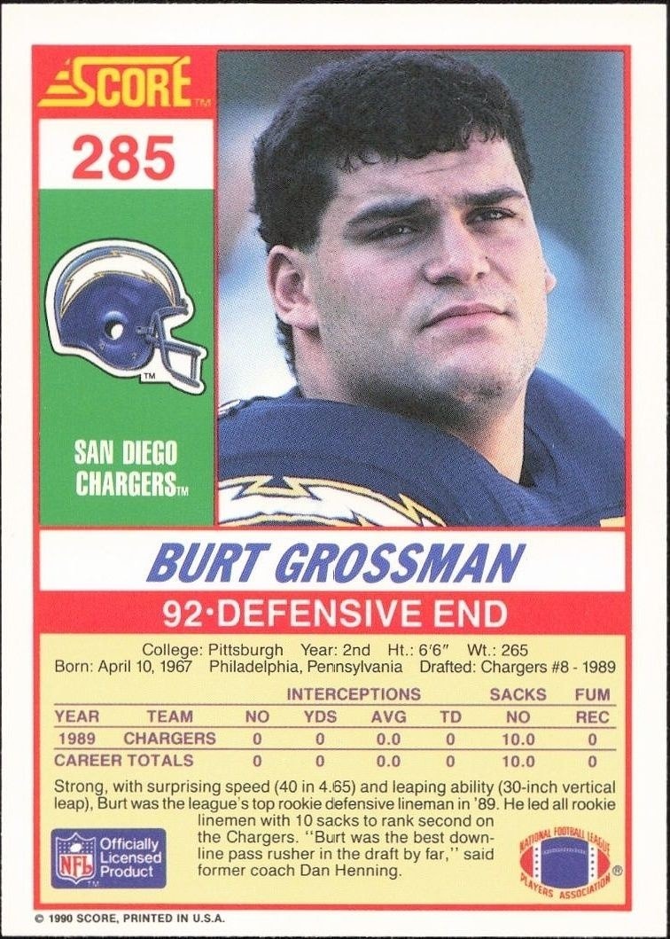 1990 Score Burt Grossman #285 football trading card back