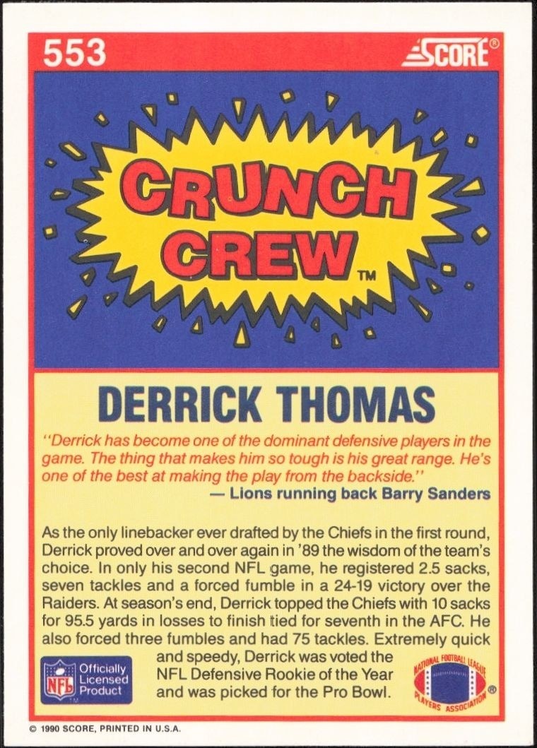 1990 Score Derrick Thomas #553 football trading card back