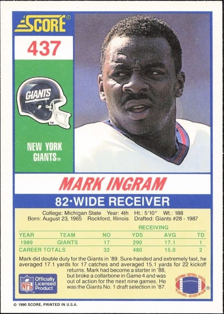 1990 Score Mark Ingram #437 football trading card back