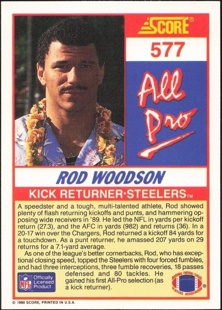 1990 Score Rod Woodson #577 football trading card back