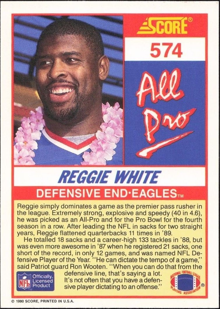 1990 Score White Reggie White #574 football trading card back