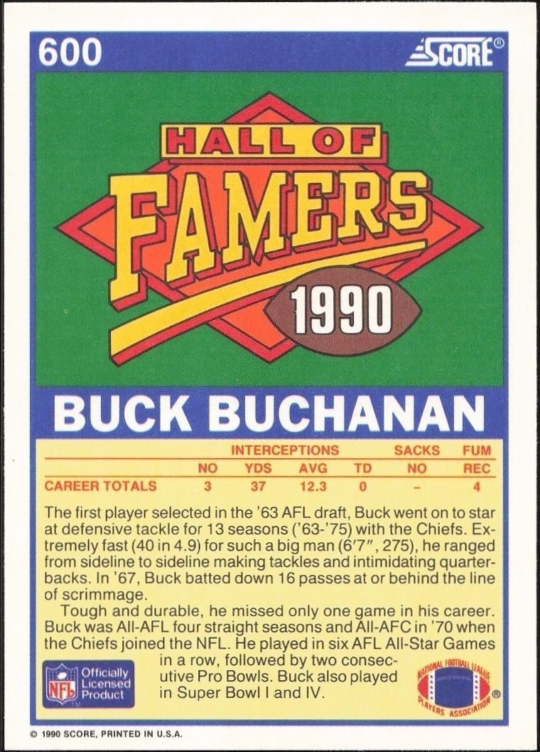 1990 Score Buck Buchanan #600 football trading card back