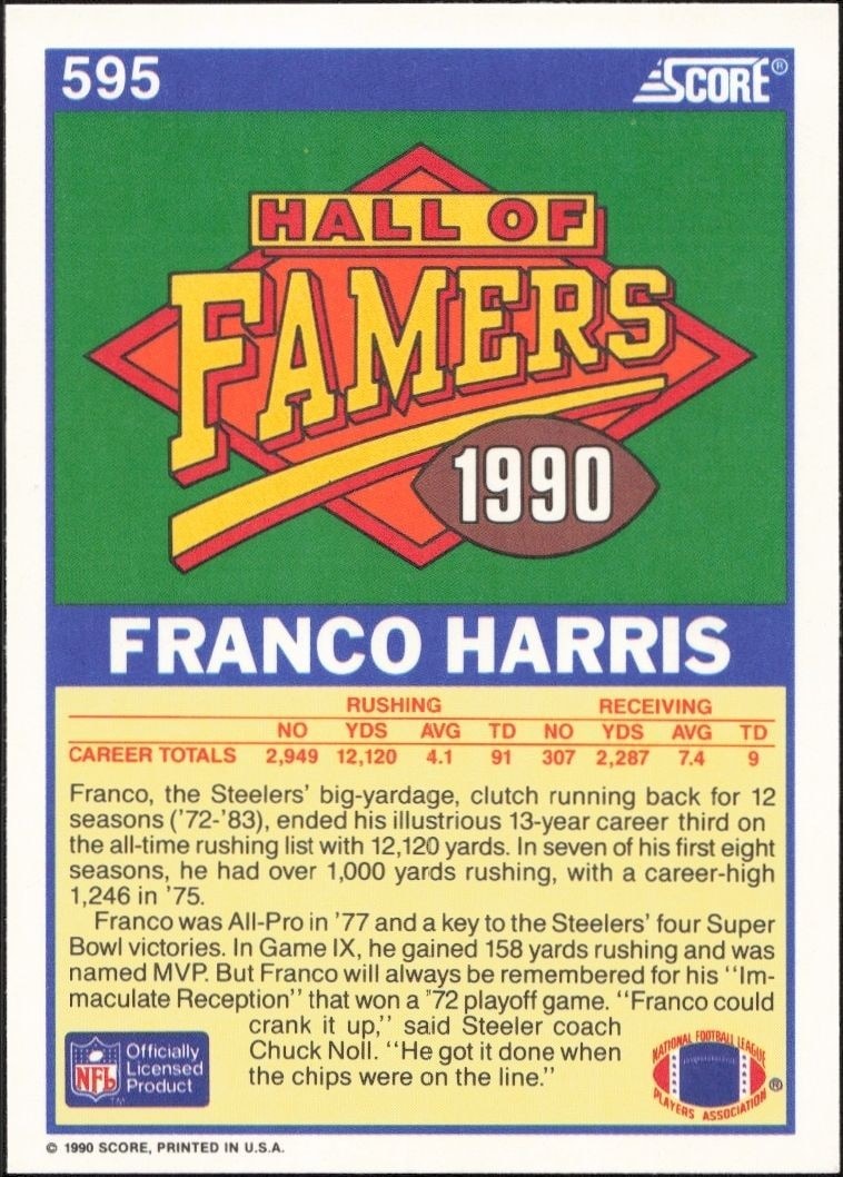 1990 Score Franco Harris #595 football trading card back
