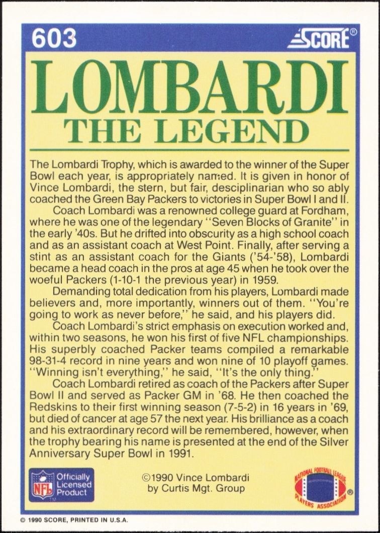 1990 Score Vince Lombardi #603 football trading card back