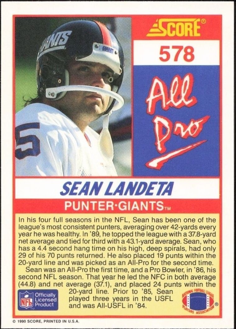 1990 Score Sean Landeta #578 football trading card back