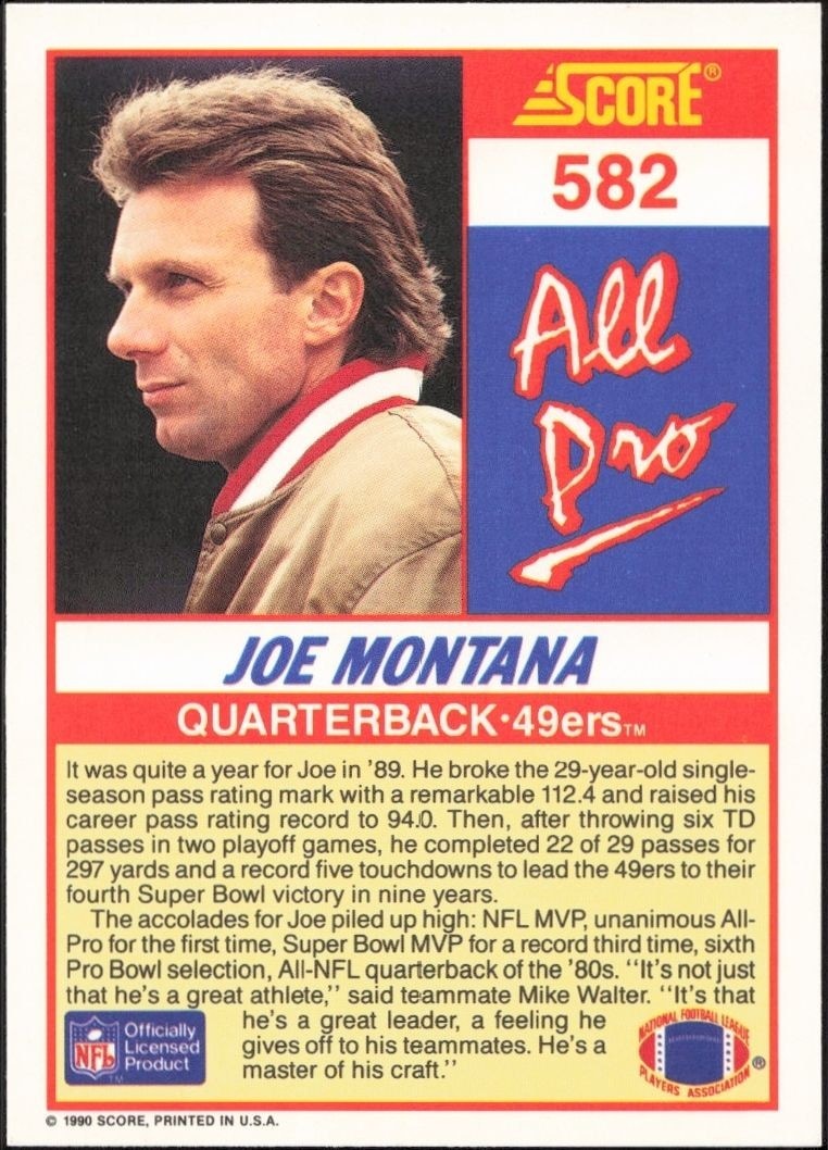 1990 Score Joe Montana #582 football trading card back