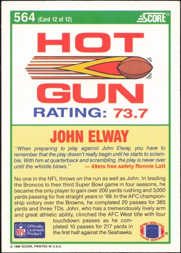 1990 Score John Elway #564 football trading card back