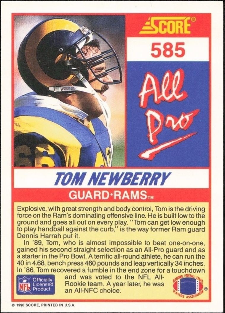 1990 Score Tom Newberry #585 football trading card back