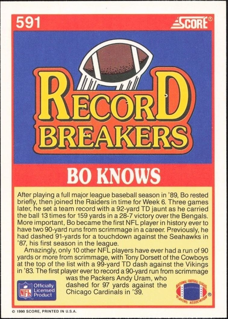 1990 Score Bo Jackson #591 football trading card back