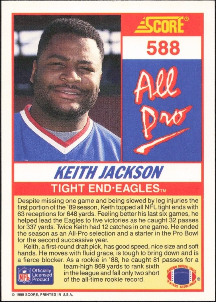 1990 Score Keith Jackson #588 football trading card back