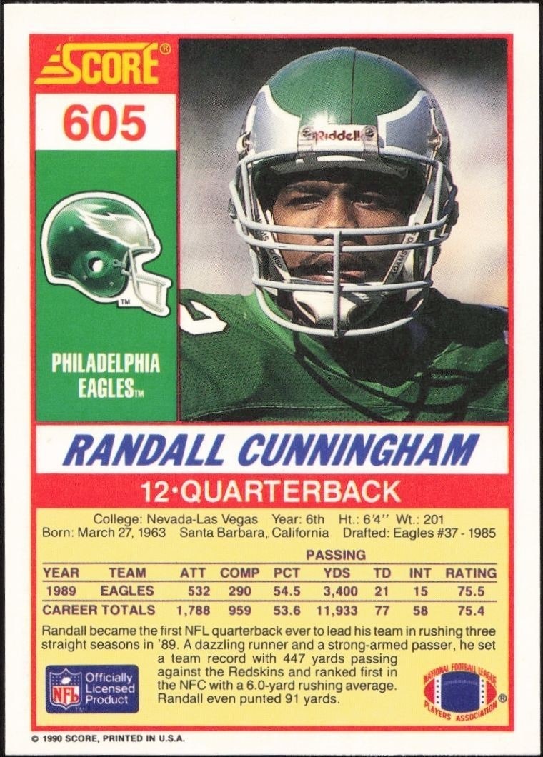 1990 Score Randall Cunningham #605 football trading card back