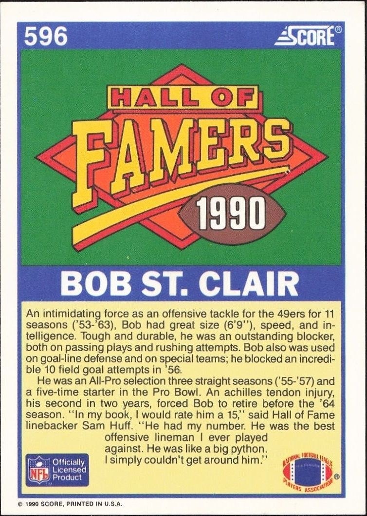 1990 Score Bob St. Clair #596 football trading card back
