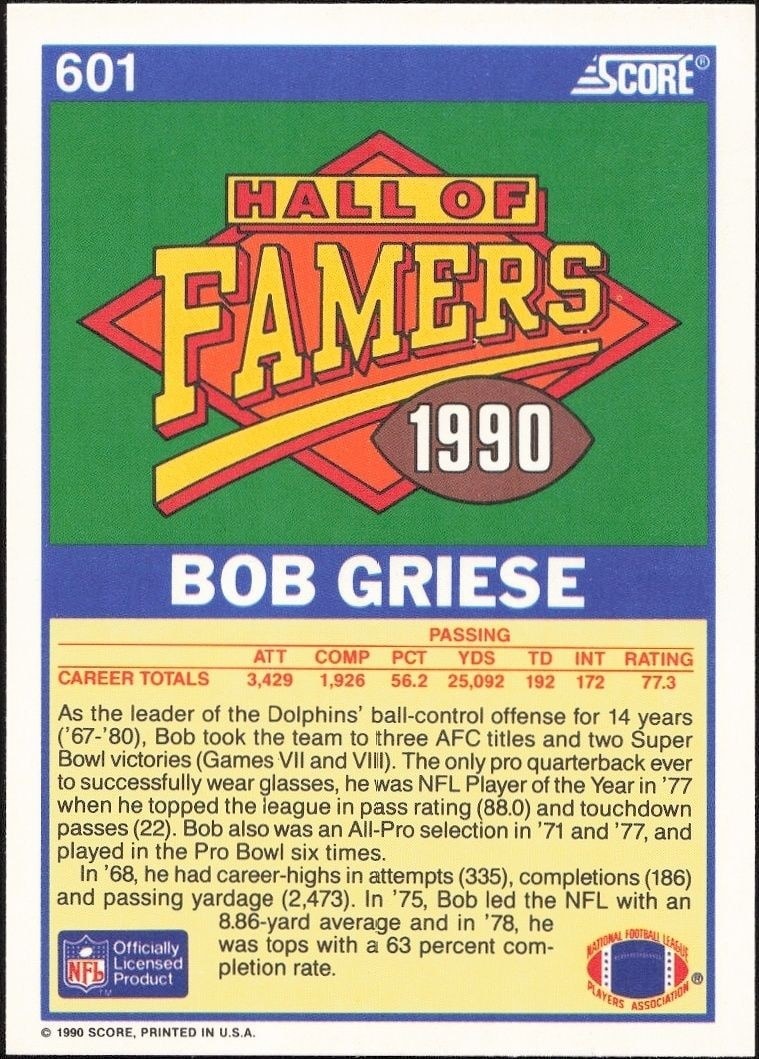 1990 Score Bob Griese #601 football trading card back