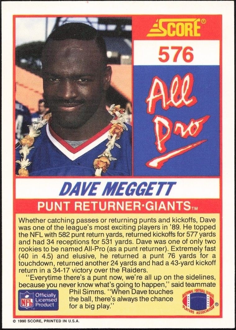 1990 Score Dave Meggett #576 football trading card back