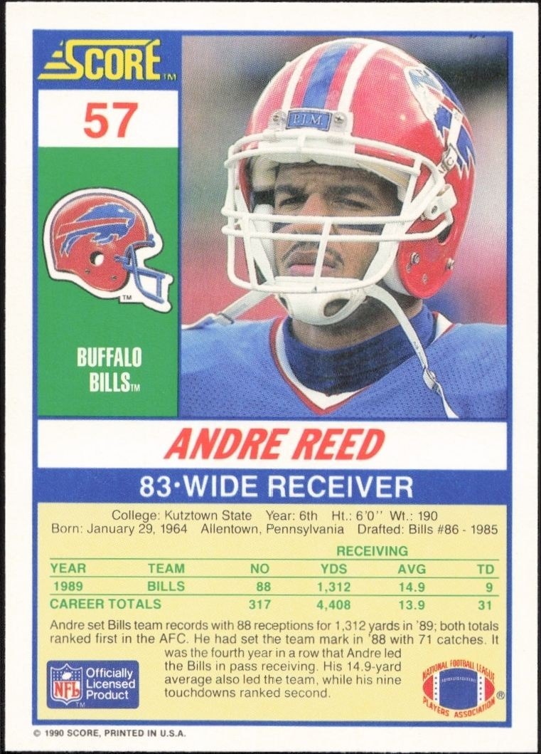 1990 Score Andre Reed #57 football trading card back