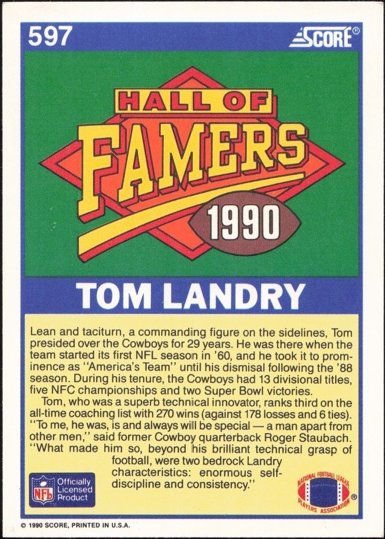 1990 Score Tom Landry #597 football trading card back
