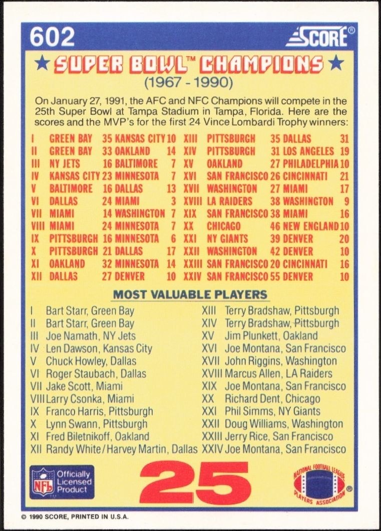 1990 Score Super Bowl Wrap #602 football trading card back