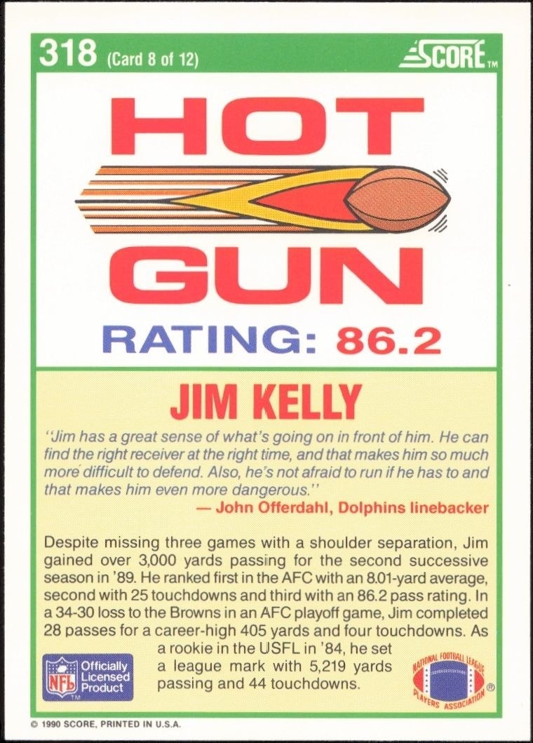 1990 Score Jim Kelly #318 football trading card back