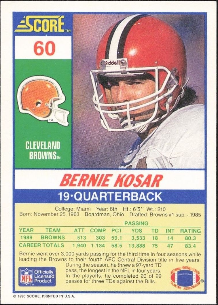 1990 Score Bernie Kosar #60 football trading card back