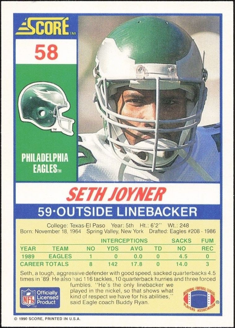 1990 Score Seth Joyner #58 football trading card back