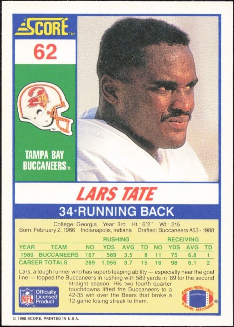 1990 Score Lars Tate #62 football trading card back