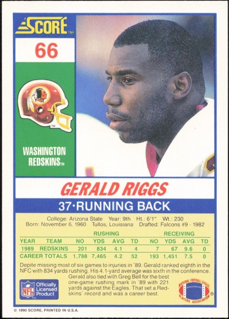 1990 Score Gerald Riggs #66 football trading card back