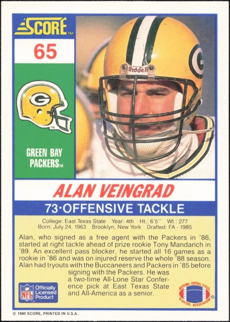 1990 Score Alan Veingrad #65 football trading card back