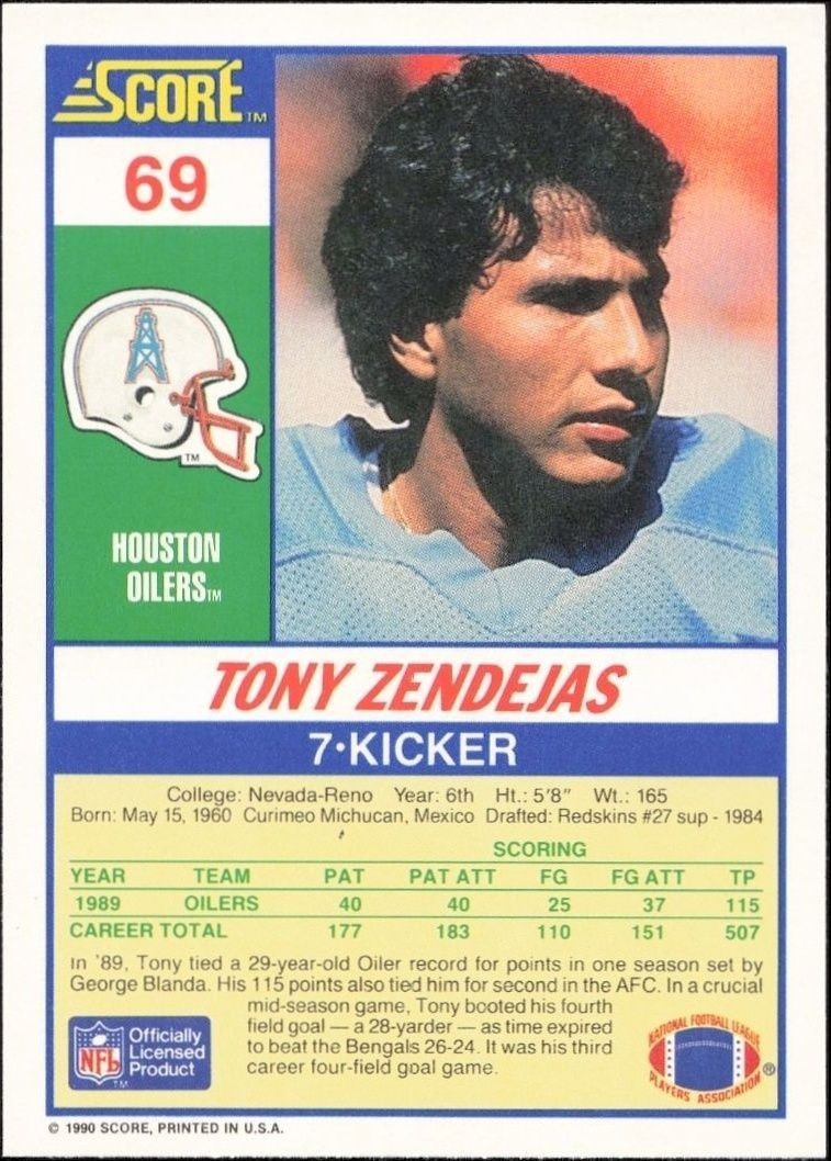 1990 Score Tony Zendejas #69 football trading card back