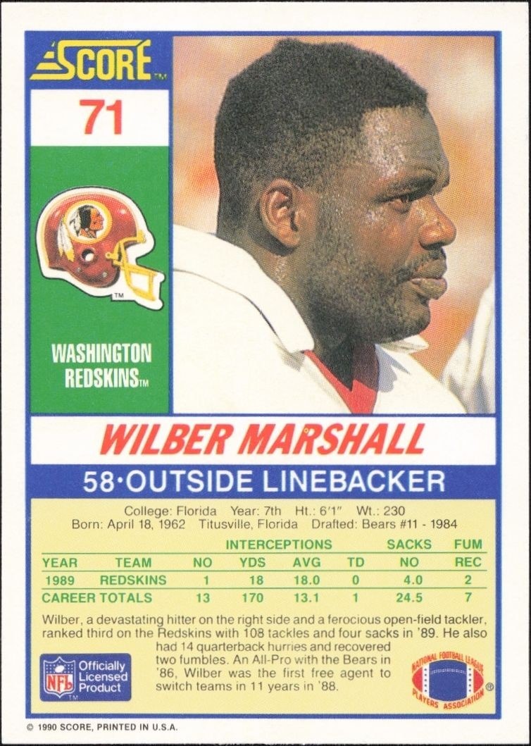 1990 Score Wilber Marshall #71 football trading card back
